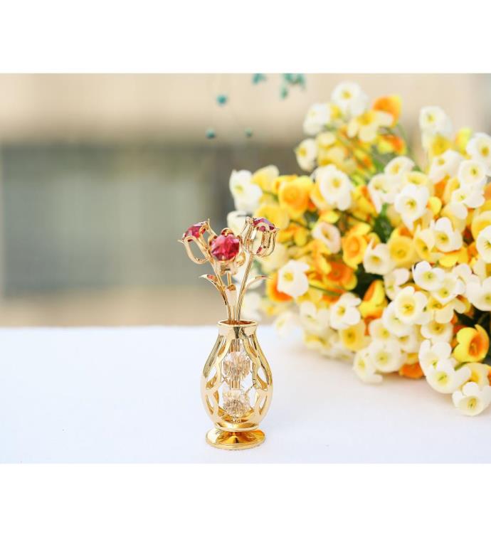 24K Gold Plated Flowers Bouquet and Vase w/ Colorful Matashi Crystals